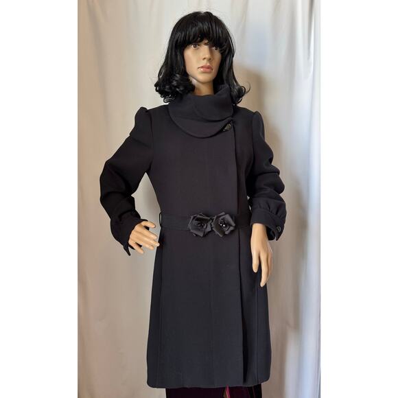 H&M Black dress coat rounded fold over collar with flower belt 12 - Picture 14 of 17